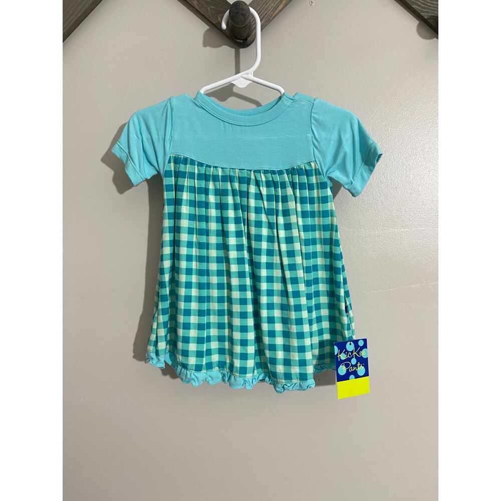 Kickee Pants NWT Bamboo Turquoise Blue Gingham Checks SS Dress 3-6m